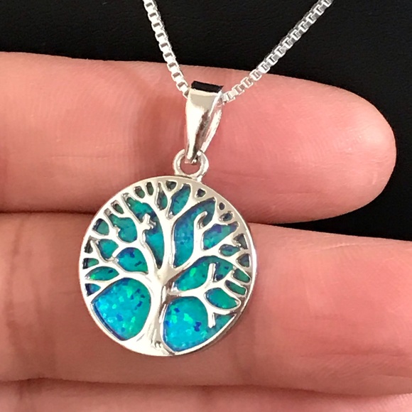 Sterling Silver Blue Opal Tree Of Life Necklace - Picture 5 of 8